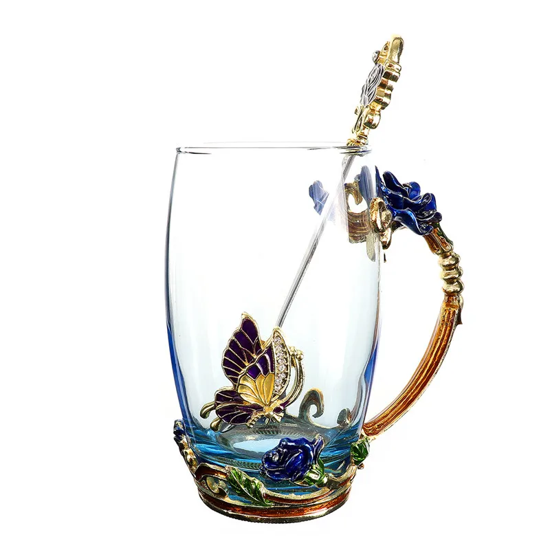High 400ml Голубая роза, эмалированная Хрустальная чашка, цветочный чай, стекло высокого качества, стеклянная чашка для воды, кружка в цветочек с рукояткой, идеальный подарок для любимой свадьбы - Цвет: High 400ml