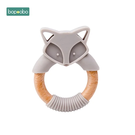 Gray Fox Bopoobo 1 шт. детский силиконовый Прорезыватель животные деревянные кольца Прорезыватель грызунов бука дерево младенческой Кролик Слон лиса кольца Товары для малышей - Цвет: Gray Fox