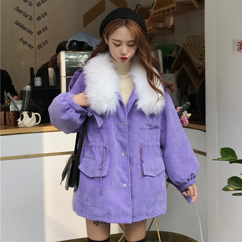 

2019 Popular Large Fur Collar Coat Women's Fall And Winter Clothes 2019 New Style Korean-style Loose-Fit Drawstring Waist Huggin