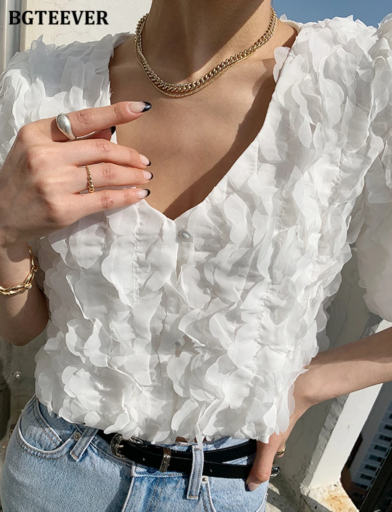 Chique com Decote em v Bgteever Pétala Mulheres Blusas Sólidas Camisas Elegante Sopro Manga Curta Único-breasted Femininas 2021 Verão Topos 6 High Quality Moda Feminina