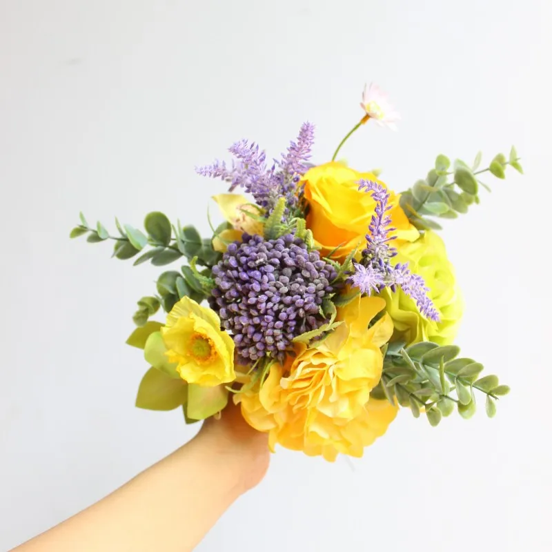 Wedding Bouquet Artificial Silk Flower European style Bridesmaid Bouquet Golden Yellow and Purple Flowers Wedding Decoration
