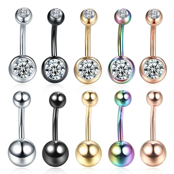 1PC 14G Belly Button Ring Navel Nombril Piercings Surgical Steel Ear Rings CZ Body Piercing Jewelry 10mm Bar For Women Piercings