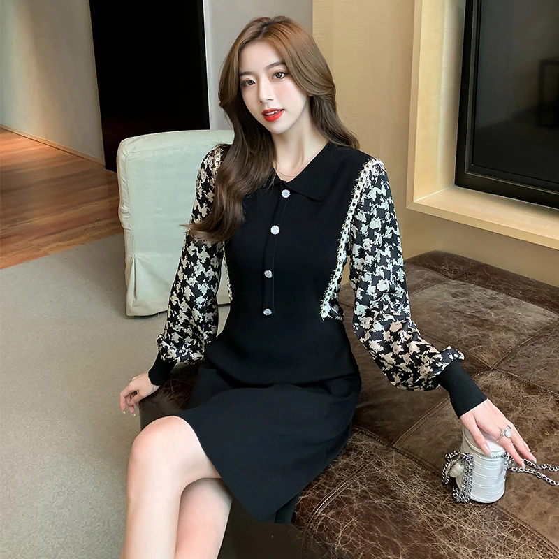 

2022 Autumn Vintage Gentle Slim A Line Long Sleeve Lapel Knitting Dress Women Bird Lattice Patchwork Robe Women Vestido Fashion