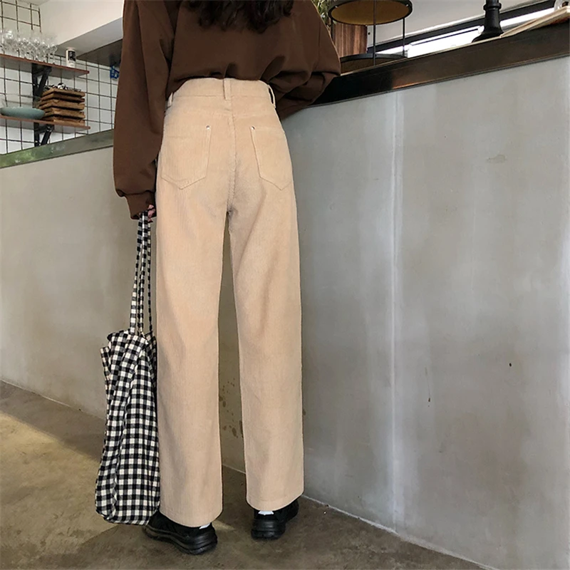 BGTEEVER Vintage High Waist Straight Pants Women Casual Winter Corduroy Pants Female Wide Leg Trousers Women pantalon femme