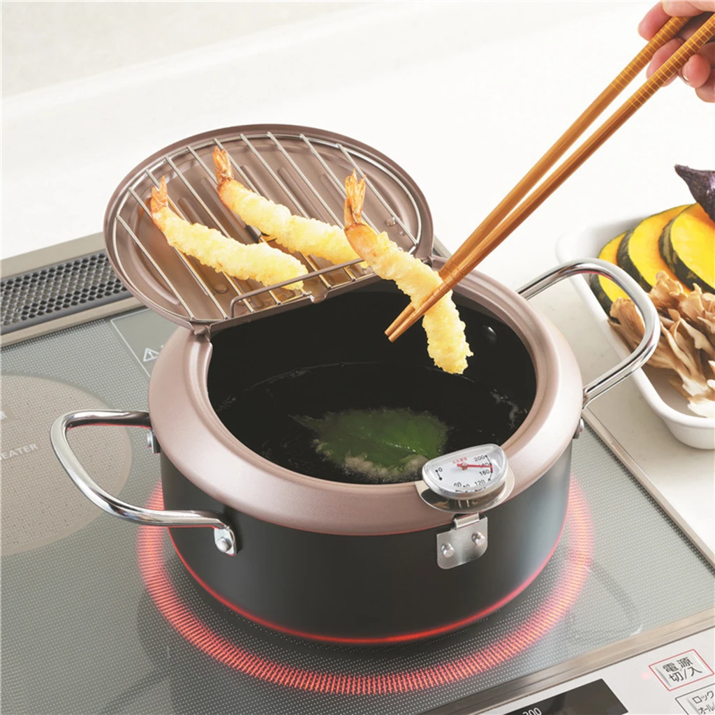 Frying Pan with thermometer Round Deep Fryer Pot Drainer Kitchen Cooking Pan
