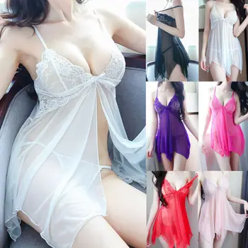 

Sexy Lingerie Women Underwear Lace Mesh Sheer Bathrobe Nightgown Pajama Bra Panty Set with Teddy Robe Sexy Nightwear Exotic Sets