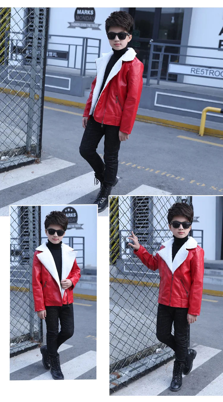 boys coats autumn winter fashion PU leather jacket 3-14 Y kids jacket new arrived children's plus velvet warm cotton outerwear