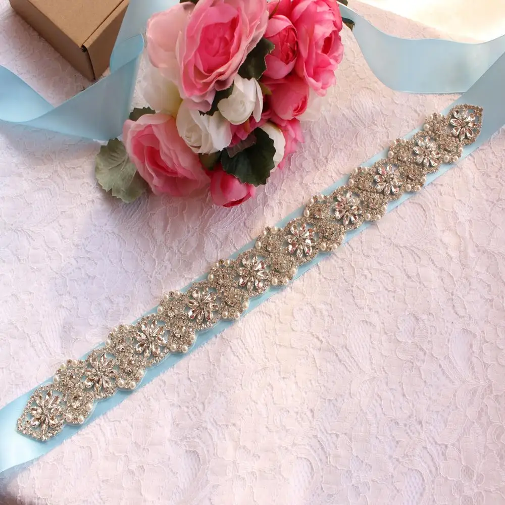 Vrouwen Steentjes Riem Trouwjurk Handgemaakte Diamanten Kristal Riem Accessoires Huwelijk Bruids Sjerpen Kunt Aanpassen Elke Maa - Цвет: Небесно-голубой