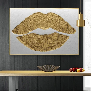 

RELIABLI ART Gold Lips Canvas Pictures Abstract Poster Posters And Prints Wall Art Painting for Living Room Modern Decoration