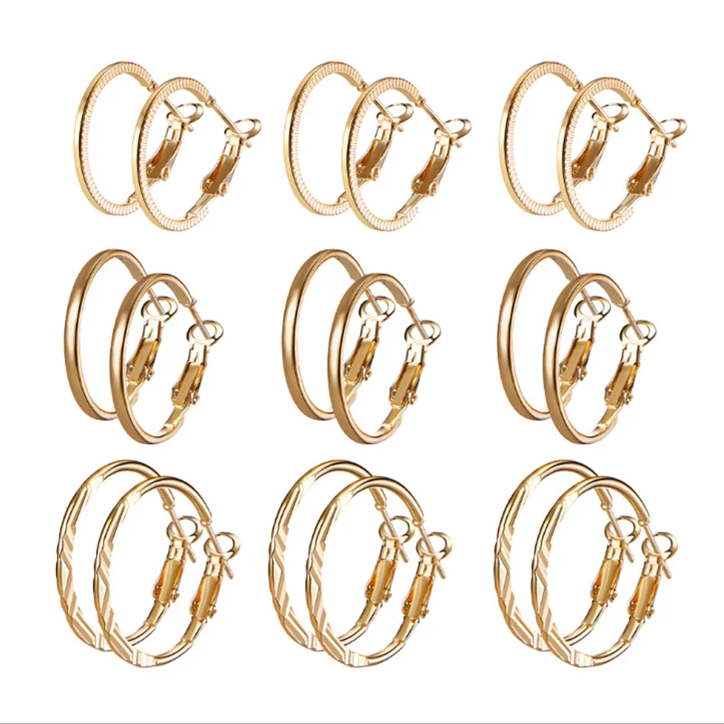 9 Pairs/set Circle Hoop Earrings for Women Gold Color Exaggerated Hoop Ear Loop Smooth Ring Earring Nightclub Ladies Jewelry