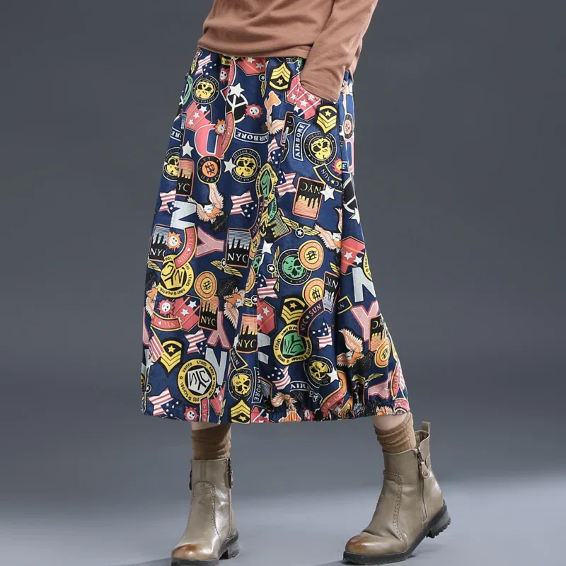 

#2473 Summer Printed Denim Skirt For Women Elastic Waist Vintage A-line Midi Jeans Skirt Ladies Plus Size Loose Elastic Waist