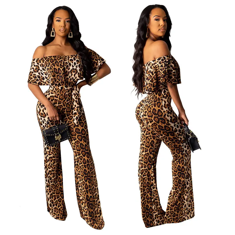 leopard 3 Wjustforu Slash шеи сексуальный леопардовый комбинезон для женщин с открытыми плечами широкие ноги комбинезон свободный открытая спина длинный клубный комбинезон - Color: leopard 3