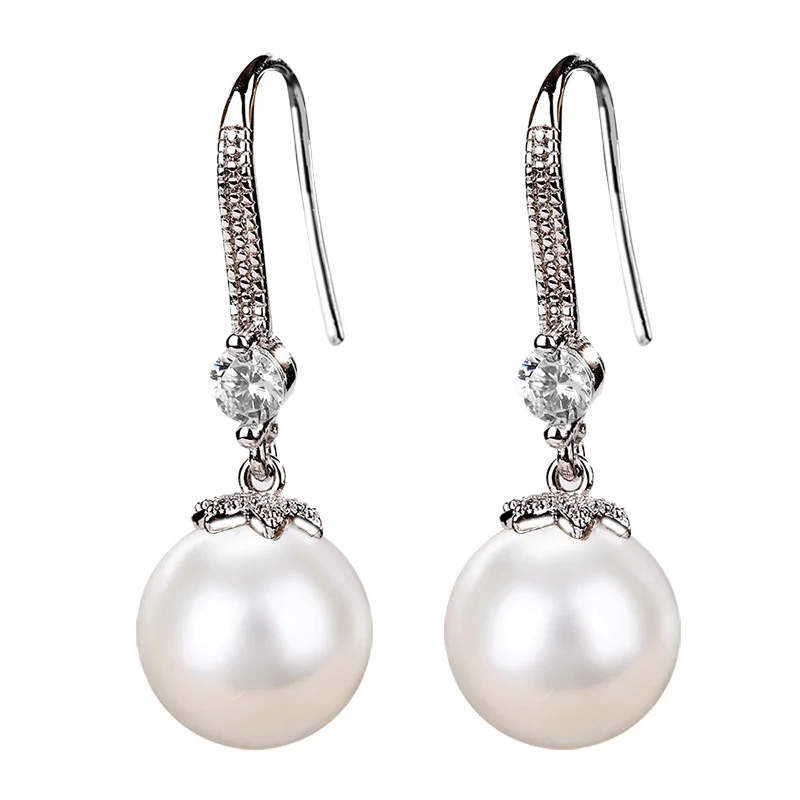 Elegant Round Imitation Pearl Dangle Earrings Dazzling CZ Women Engagement Wedding Graceful Accessories Fashion Earrings