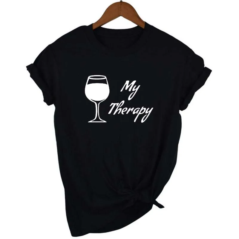 MY THERAPY Wine/женская футболка с принтом, Повседневная футболка с коротким рукавом и круглым вырезом, Женская хипстерская забавная футболка, женские топы размера плюс XS-2XL - Цвет: black