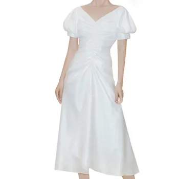 

HT7029 Sexy V Neck White Cocktail Dresses Short Sleeves Pleat Elegant Party Dress Tea Length Robe De Cocktail Courte 2020
