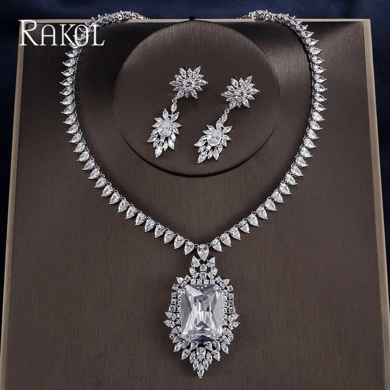 RAKOL Роскошные Синие серьги с кубическим цирконием ожерелье для женщин белое золото цвет свадебный ужин вечерние ювелирные изделия набор RS1097K