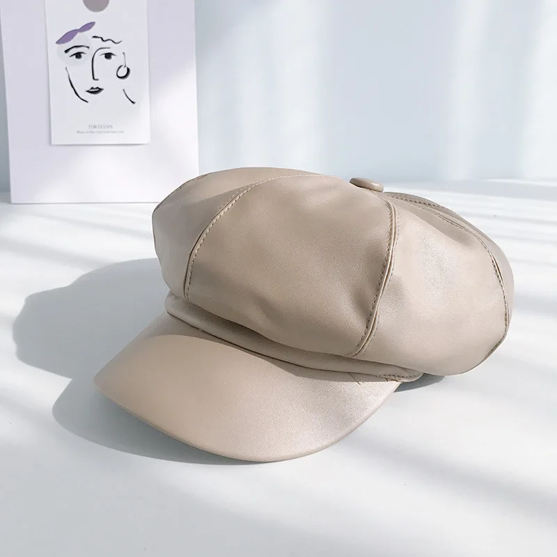 khaki Восьмиугольная кепка из искусственной кожи, женская зимняя и осенняя Кепка, повседневный берет, шапка художника, кепка для женщин, модные шапки газетчика - Цвет: khaki