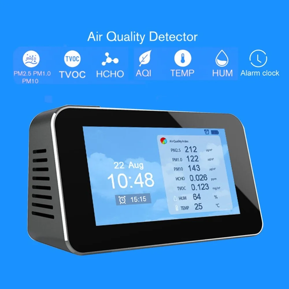 PM2.5/PM10/PM1.0/TVOC/CO2 тестер AQI анализатор качества воздуха детектор Контроль температуры и влажности домашний счетчик смога с будильником