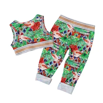 

Girls Sets 2020 Baby Sleeveless Round Neck Printed Top + Printed Trousers