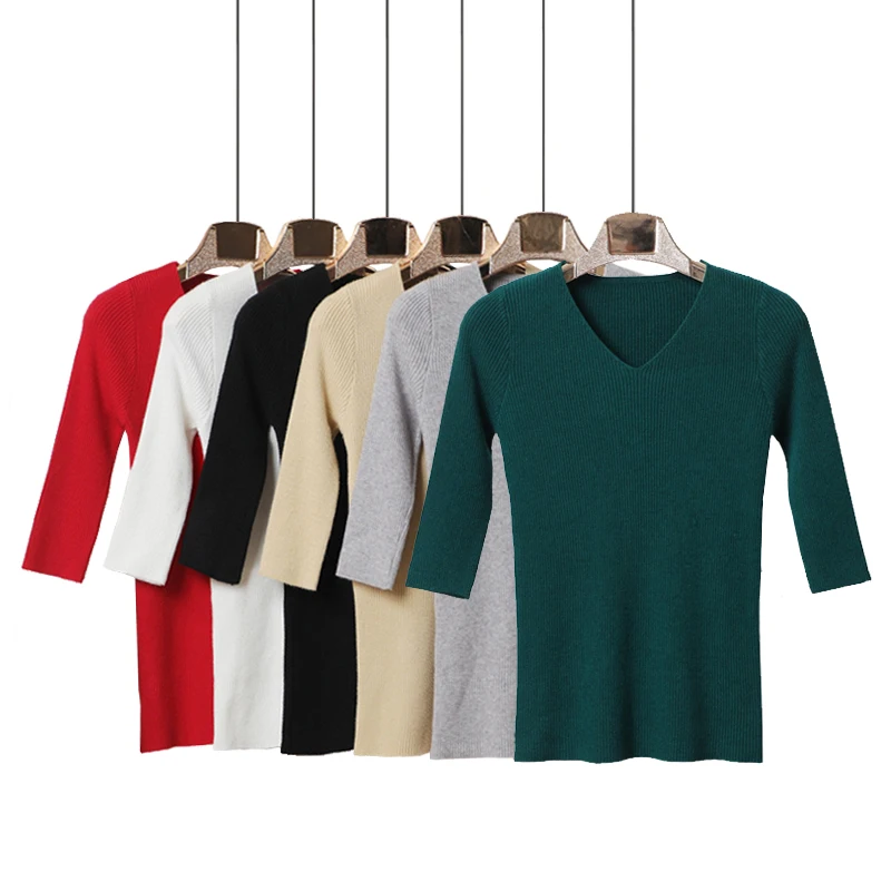 Женский трикотажный пуловер с V-образным вырезом и полурукавом 10 цветов | Женская