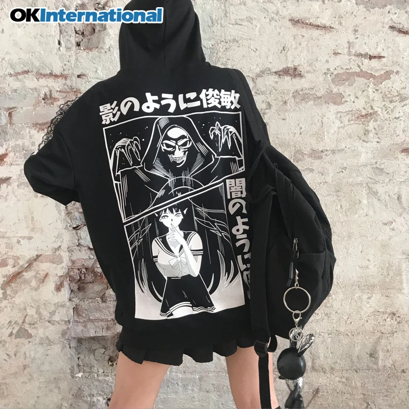 Harajuku Grunge свободная черная толстовка женская толстовка Готическая уличная Панк пуловер с мультяшным принтом оверсайз Толстовка Топ