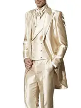 

3Pcs Hot Sale Custom Made Blazer Trousers Groom Tuxedo Shiny Satin Gold Embroidery Suits Wedding Groomsman( Jacket+Pants+Vest)