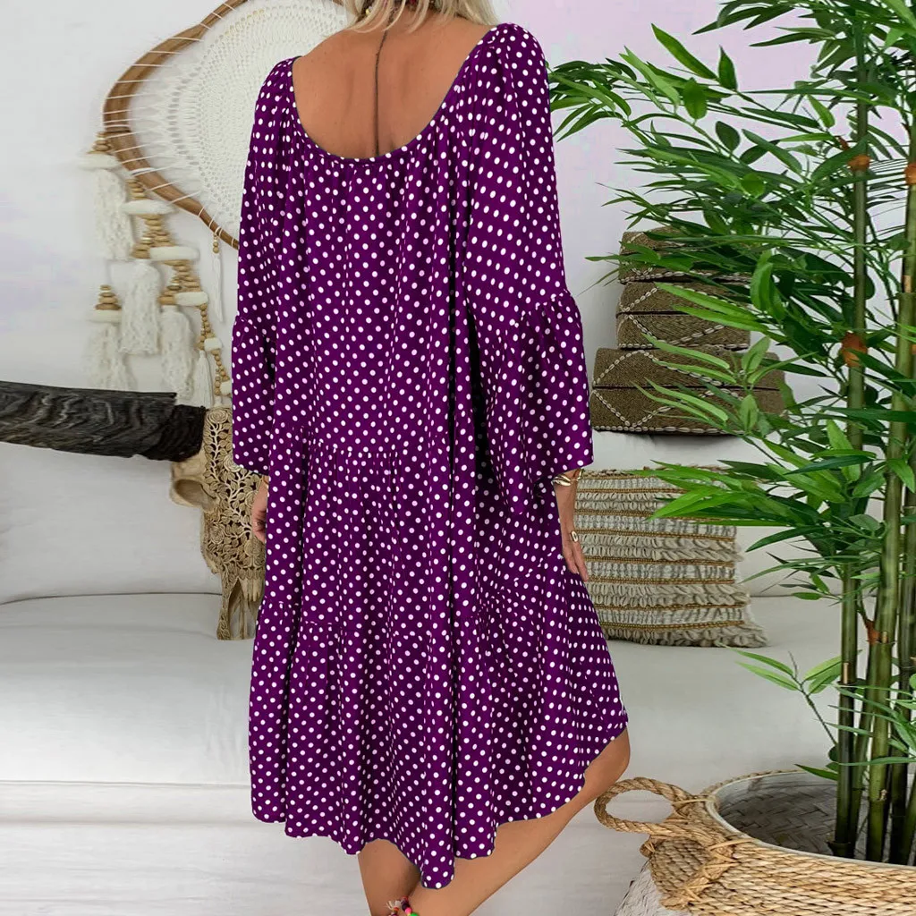Boho женское платье, женское свободное платье в горошек, рукав три четверти, мини платье, летнее платье, v-образный вырез, вечерние, Клубная туника, Пляжное Платье# G7