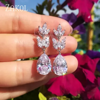 ZAKOL Romantic Bridal Wedding Accessories Jewelry Exquisite Teardrop Cubic Zircon Leaf Dangle Earrings with Rose Gold FSEP012