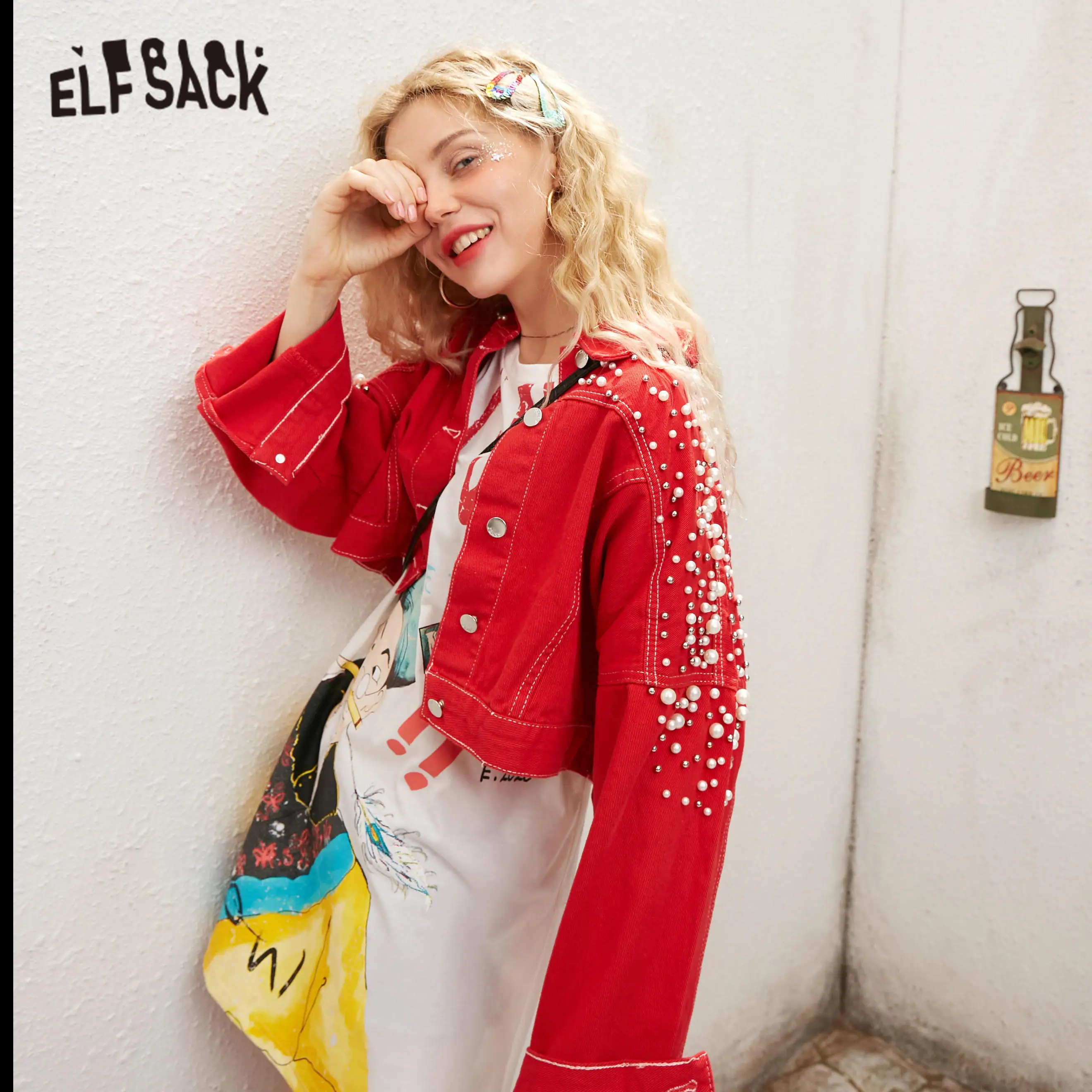 ELFSACK White Solid Pearls Beaded Casual Women Short Denim Jacket 2020 Spring Red Vintage Single Breasted Korean Ladies Outwears | Женская