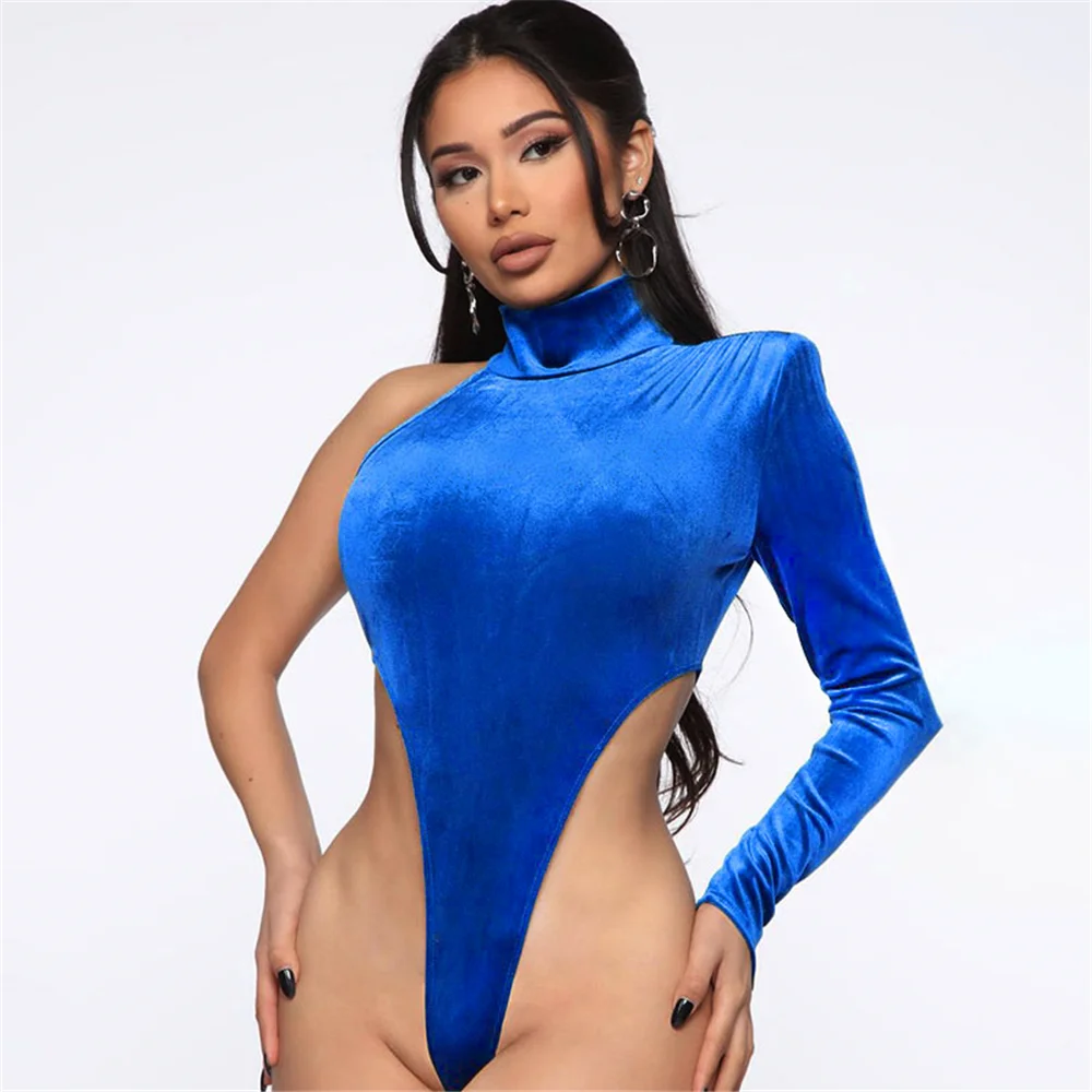 

Three Ratels Color-Gradient Velvet Bodysuit One-Shoulder Long Sleeve Turtleneck Hollow Out Bodycon Jumpsuit Women Sexy Playsuit