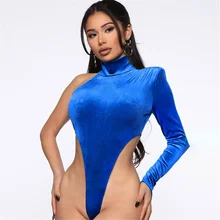 Three Ratels Color-Gradient Velvet Bodysuit One-Shoulder Long Sleeve Turtleneck Hollow Out Bodycon Jumpsuit Women Sexy Playsuit