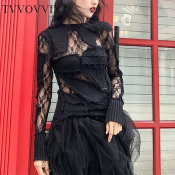 

TVVOVVIN Solid Black White Immortal Patchwork Design Irregular Hollow Out Lace Thin Acrylic Western Style Knitting Sweater L048