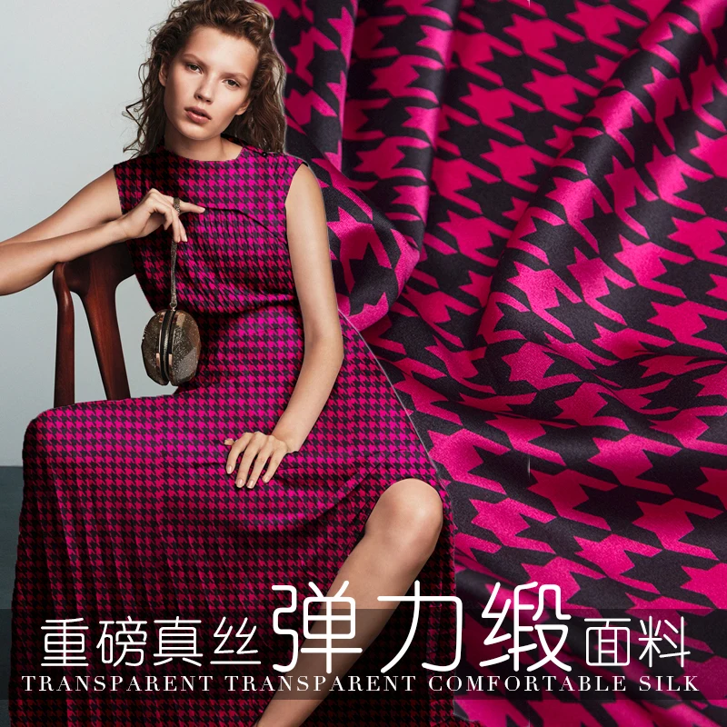 

19 Autumn New 140cm Wide 19momme 94%silk 6%spandex Brand Charmeuse Fabric Women Dress Houndstooth Cloth Diy Sewing Free Shipping