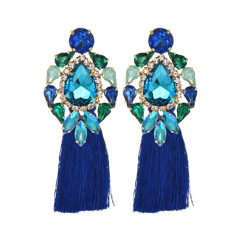 Handmade blue Big Crystal Flower Earring Vintage Ethnic Bohemian Rhinestone Long Tassel Drop Dangle Earrings for Women Jewelry