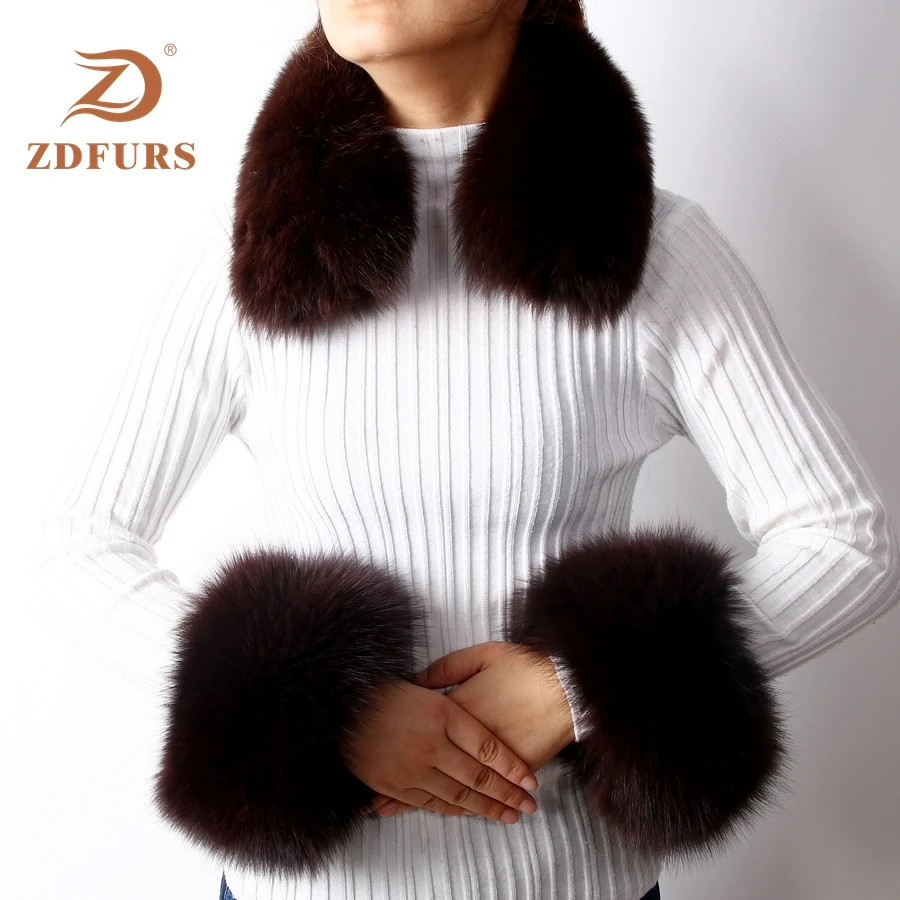 ZDFURS* женские манжеты из натурального Лисьего меха/меха енота зимние толстые теплые модные манжеты из натурального меха с квадратным воротником один комплект