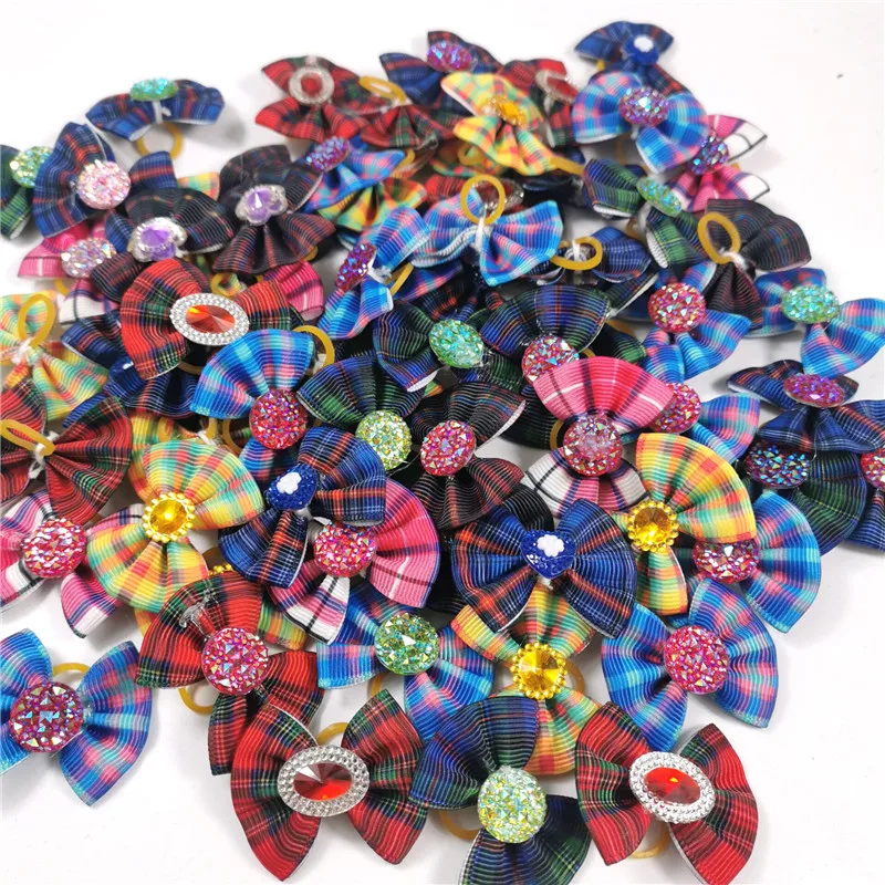 

50/100pcs Pet Puppy Dog Cat Hair Bows with Rhinestone Plaid Pattern Hair Rubber Bands Dog Grooming Accessories for Small Dogs
