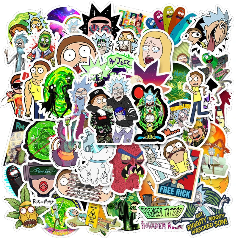 Pegatinas de dibujos animados de Rick y Morti, 10/50 Uds., impermeable, para monopatín, Maleta de viaje, móvil, maleta para portátil, pegatina, juguete para chico