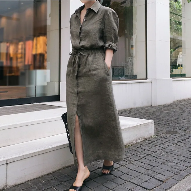 SuperAen Long-sleeved New Cotton and Linen Shirt Dress Female Autumn Korean Style Women Dress Drawstring Women Clothing