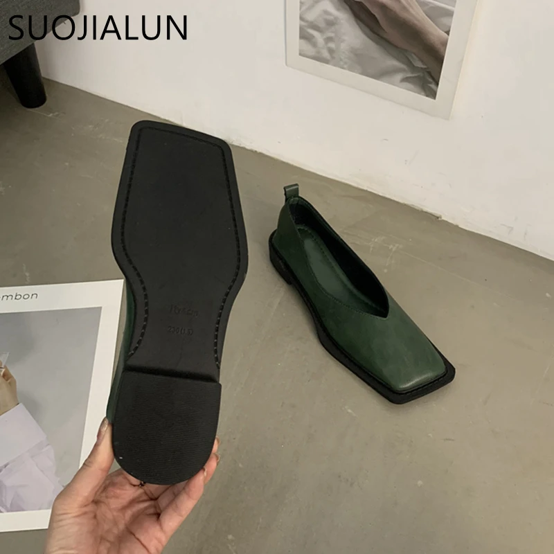 Women Flats SUOJIALUN Spring New Flat Shoes Square Toe Shallow Mouth Slip on Loafers Ladies Casual Shoes