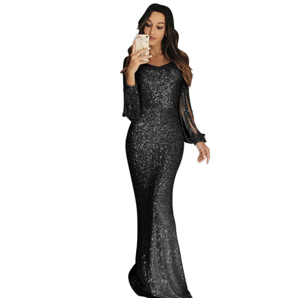 

Hot Selling Europe And America Evening Gown 2019 New Style V-neck Long Sleeve Sequin Floor-Length Dress 610992