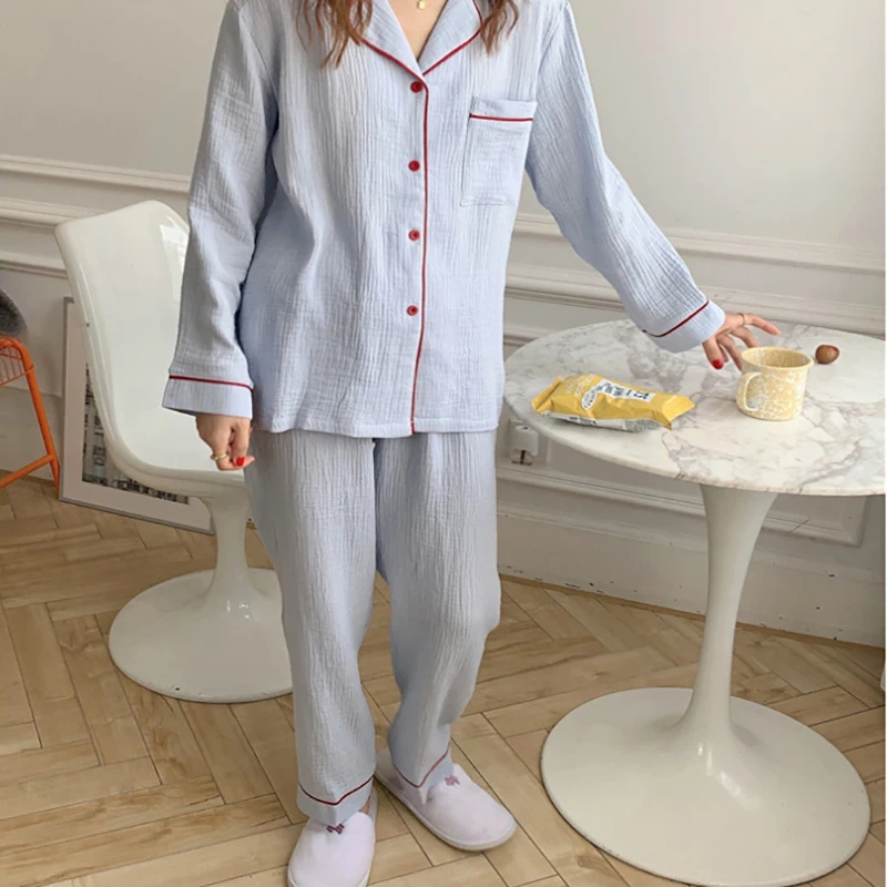 Women's Pajamas Spring Autumn Gauze Long-Sleeve Trouser Sleepwear Cotton Solid Color Lapel Cardigan Korean Casual Loose Homewear pajama sets for women