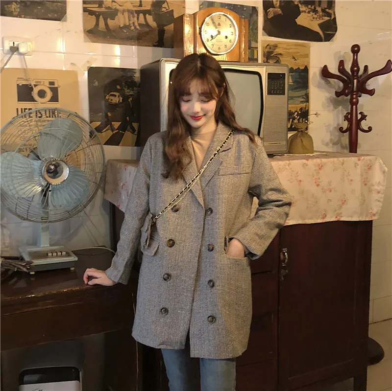 Photo Shoot Autumn New Style Korean-style Fashion Plaid Middle Long Coat Suit Bag with Chain