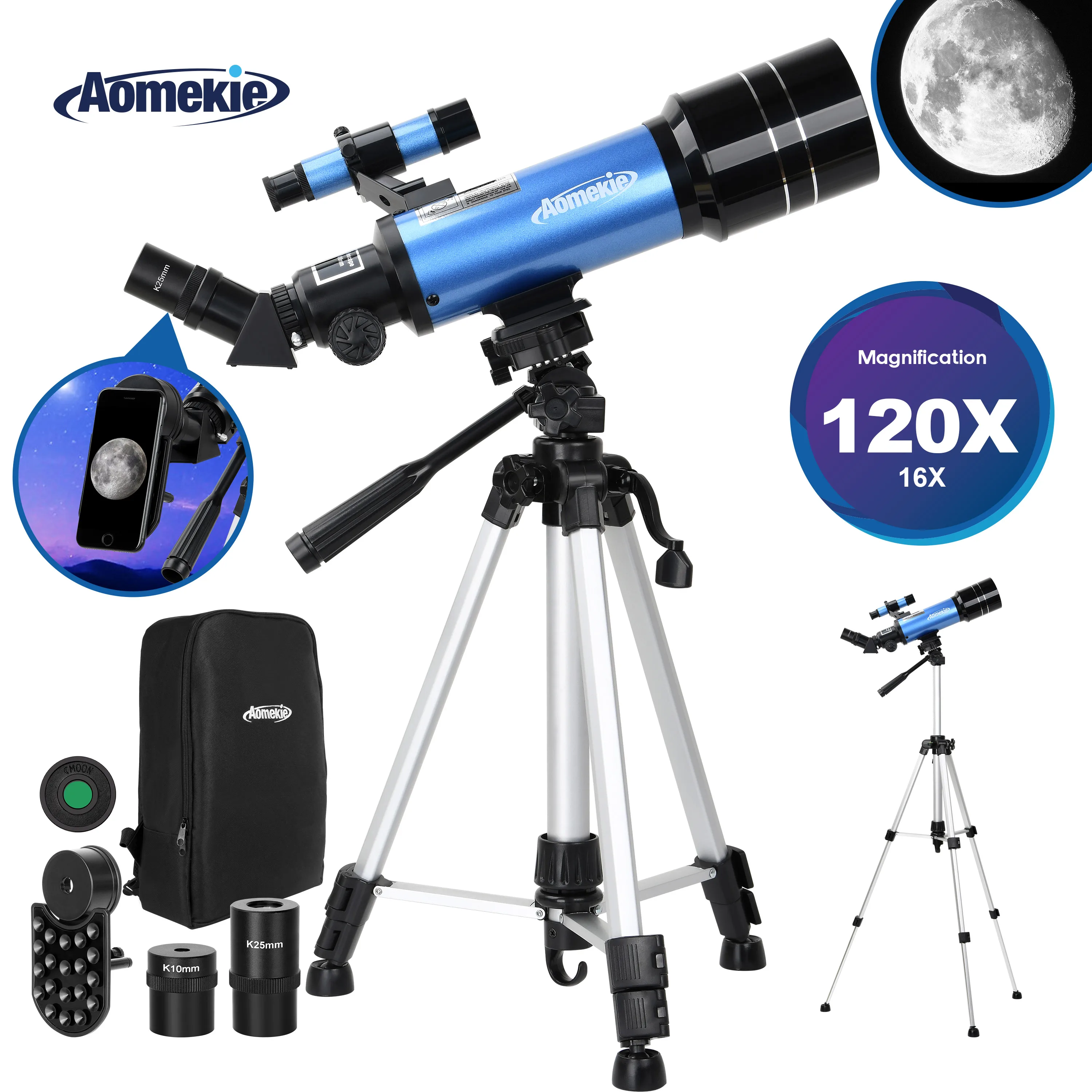

40070 Astronomical Telescope with Adjustable Tripod Backpack 3X Barlow Mobile Holder 120X for Moon Watching Kids Beginners Gift