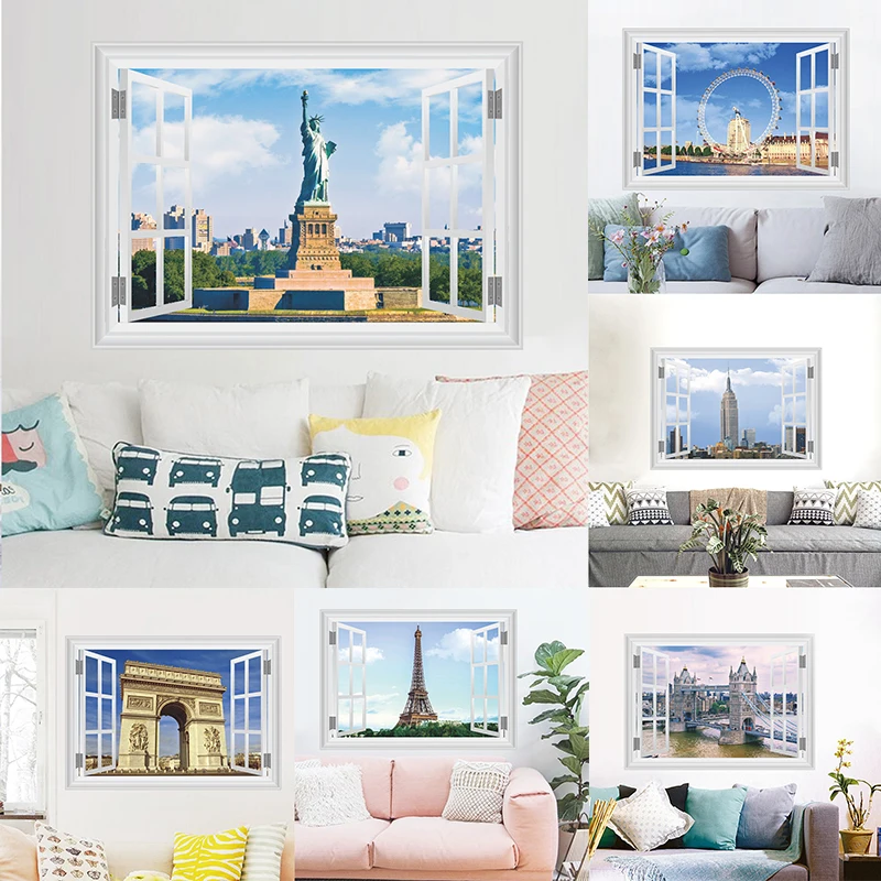 6style 3D Vivid View City Scenery Window Wall Stickers Living Room Bedroom Decoration Home Decor Mural Landscape Wall Art Decal