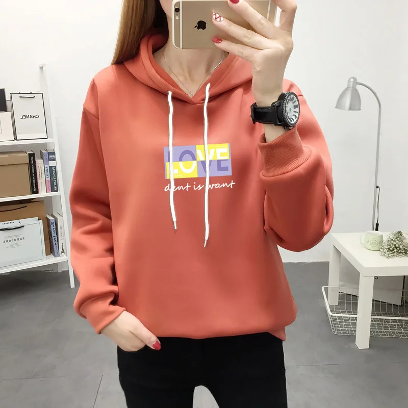 

Women Hooded Sweatshirt Thick Warm Fleece Winter Pullovers Hoodie Multi Color Letter Print Casual Wear Ladies Clothing Oversize