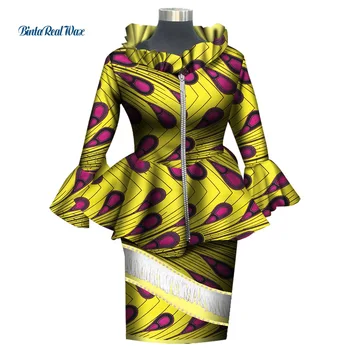 

2pcs Set Tops and Skirts Sets African Women Clothing Party Dashiki Bazin Riche Flare Long Sleeve Zip Knee Length Dresses WY6119