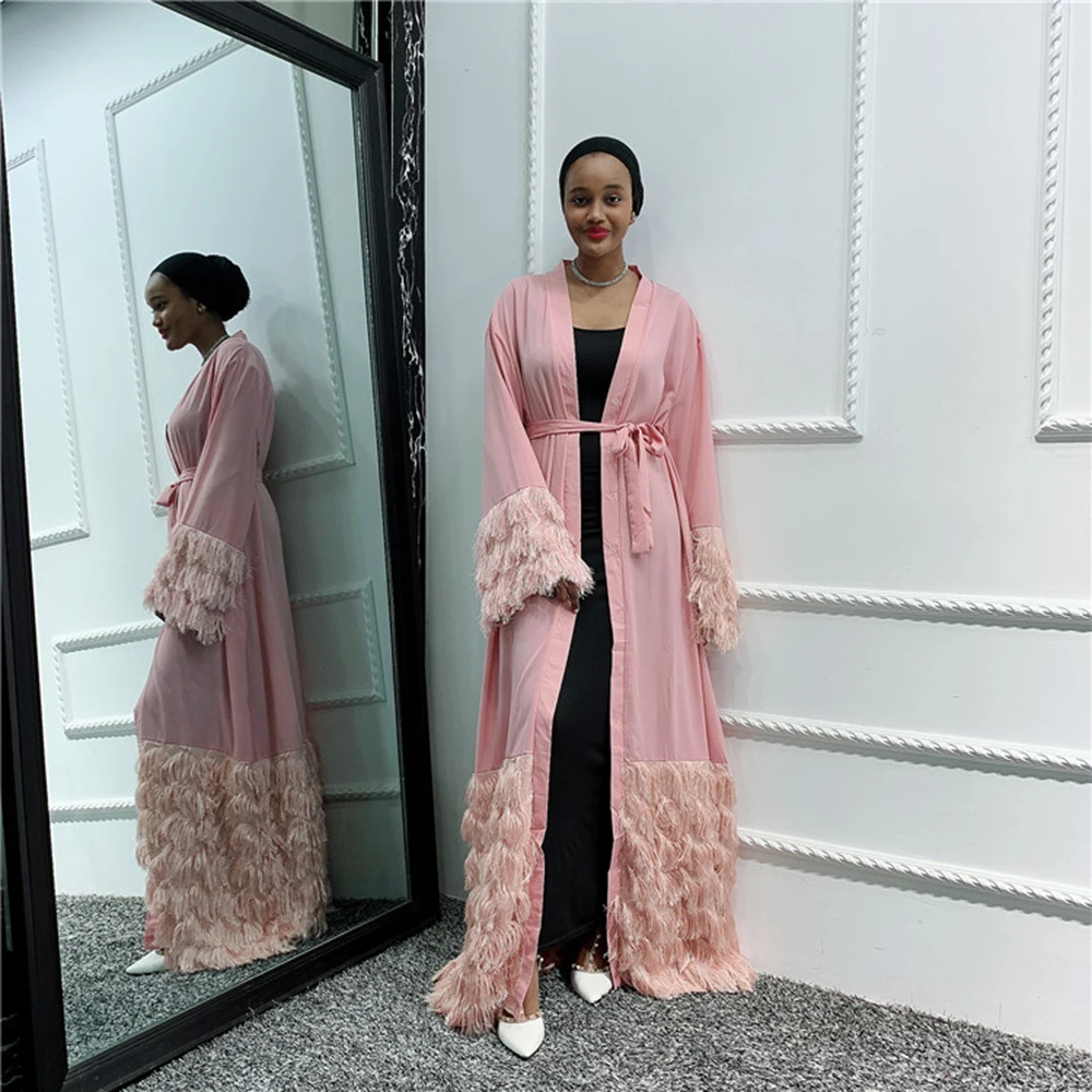 Pink cardigan Дубай абайя кимоно хиджаб мусульманское платье женское халат кафтан марокаин Африканский кафтан турецкий ислам одежда грот Maten Dames Kleding - Цвет: Pink cardigan