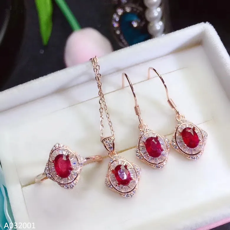

KJJEAXCMY Fine Jewelry 925 sterling silver natural ruby inlaid women's chain pendant ring earrings 3 sets support detection
