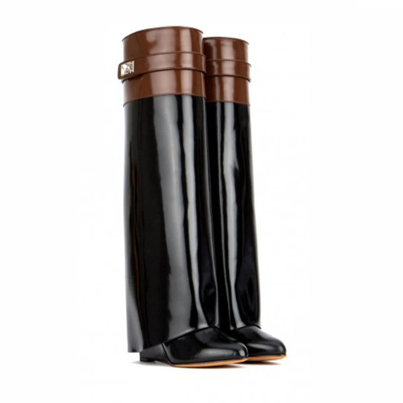Autumn Winter New Woman Leather Botas Mujer Wedge Shark Lock Women Knee High Boots Slip-on Fold Over Lady Motorcycle Boots - Цвет: Black Brown