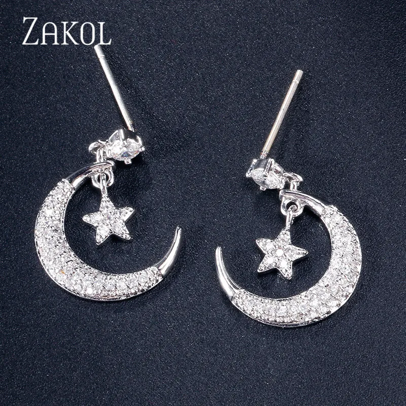 ZAKOL модные блестящие серьги-капли с кубическим цирконием и кристаллами в виде звезд и Луны для женщин, Свадебные вечерние ювелирные изделия FAEP088 - Окраска металла: White